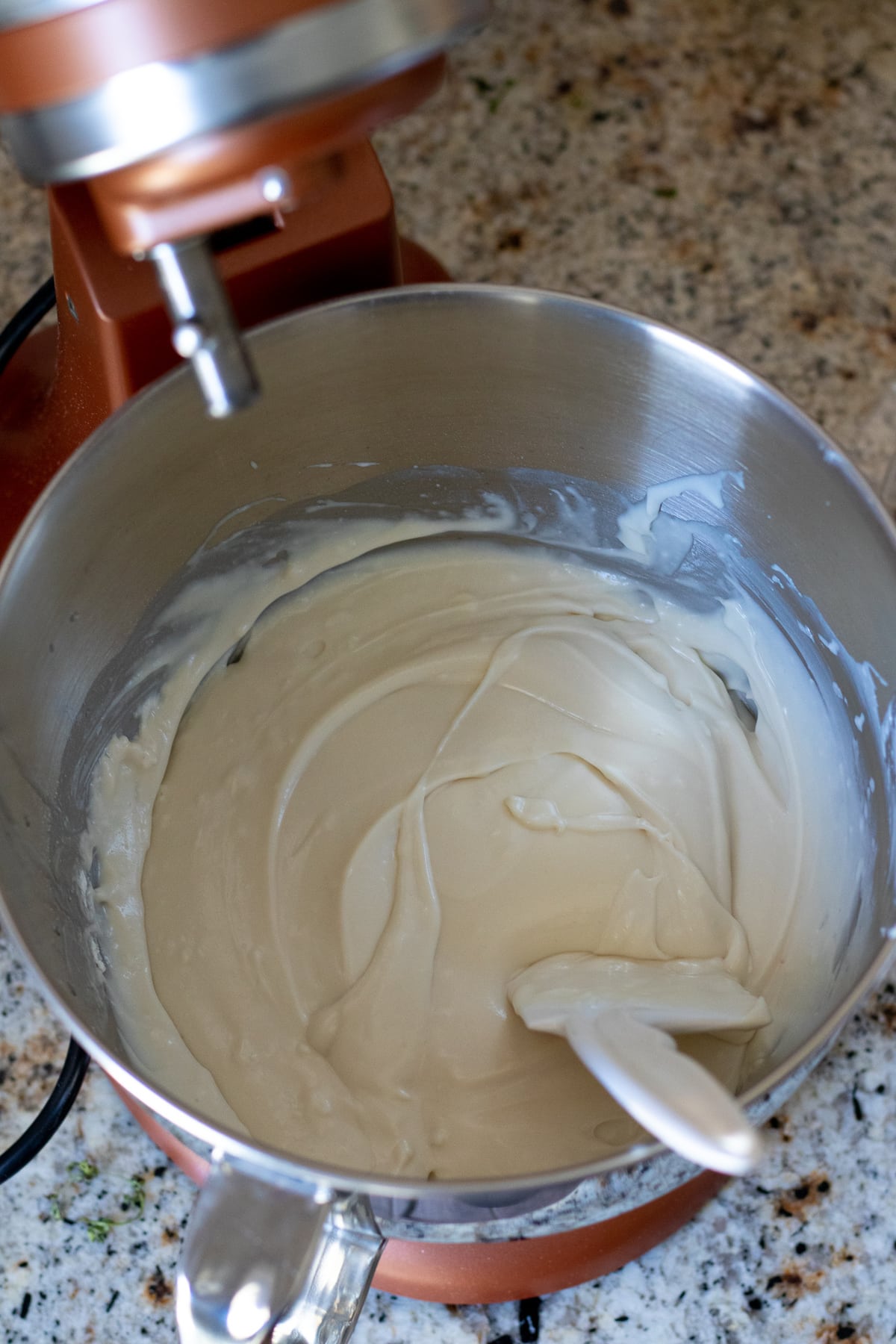 cheesecake filling in stand mixer.