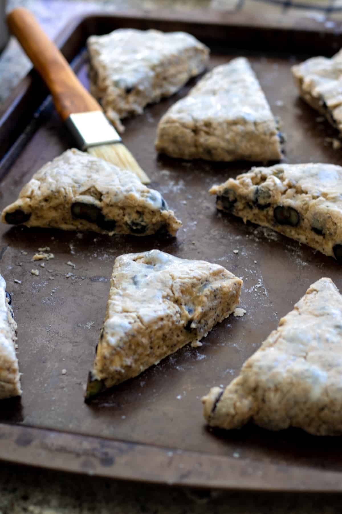 8 scone triangles brushed with vegan yogurt on baking sheet before baking