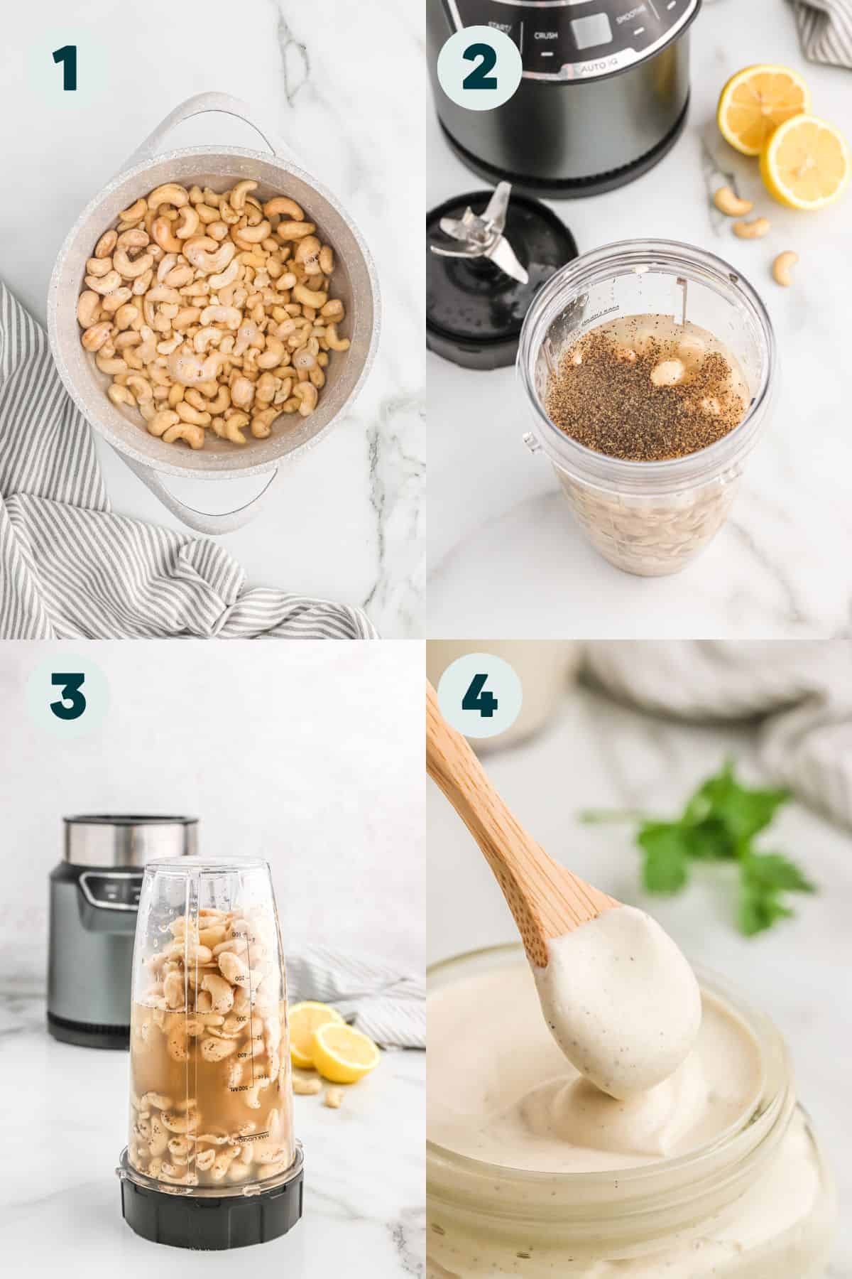 4 photo collage showing step by step process of making cashew sour cream.