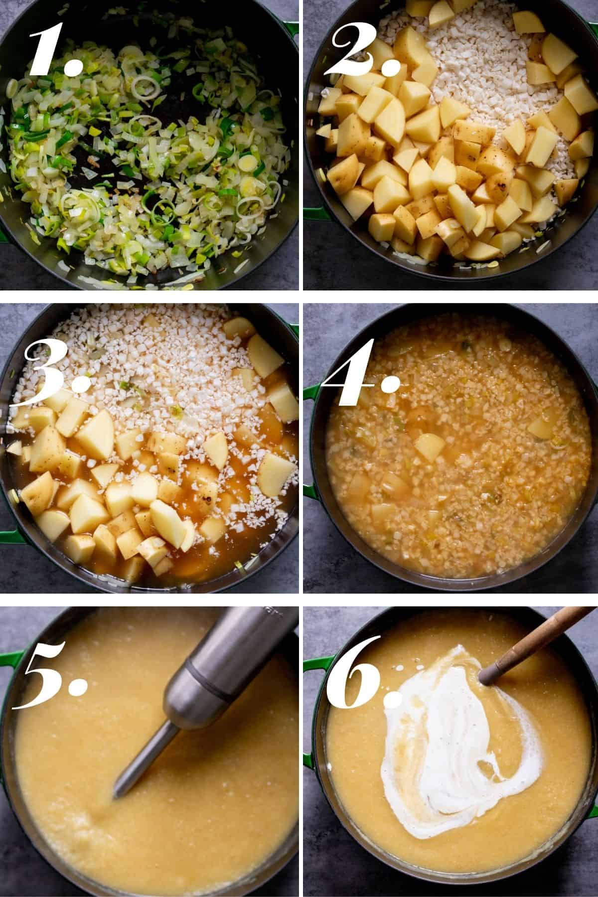 Process shots of making soup numbered in order from 1-6.