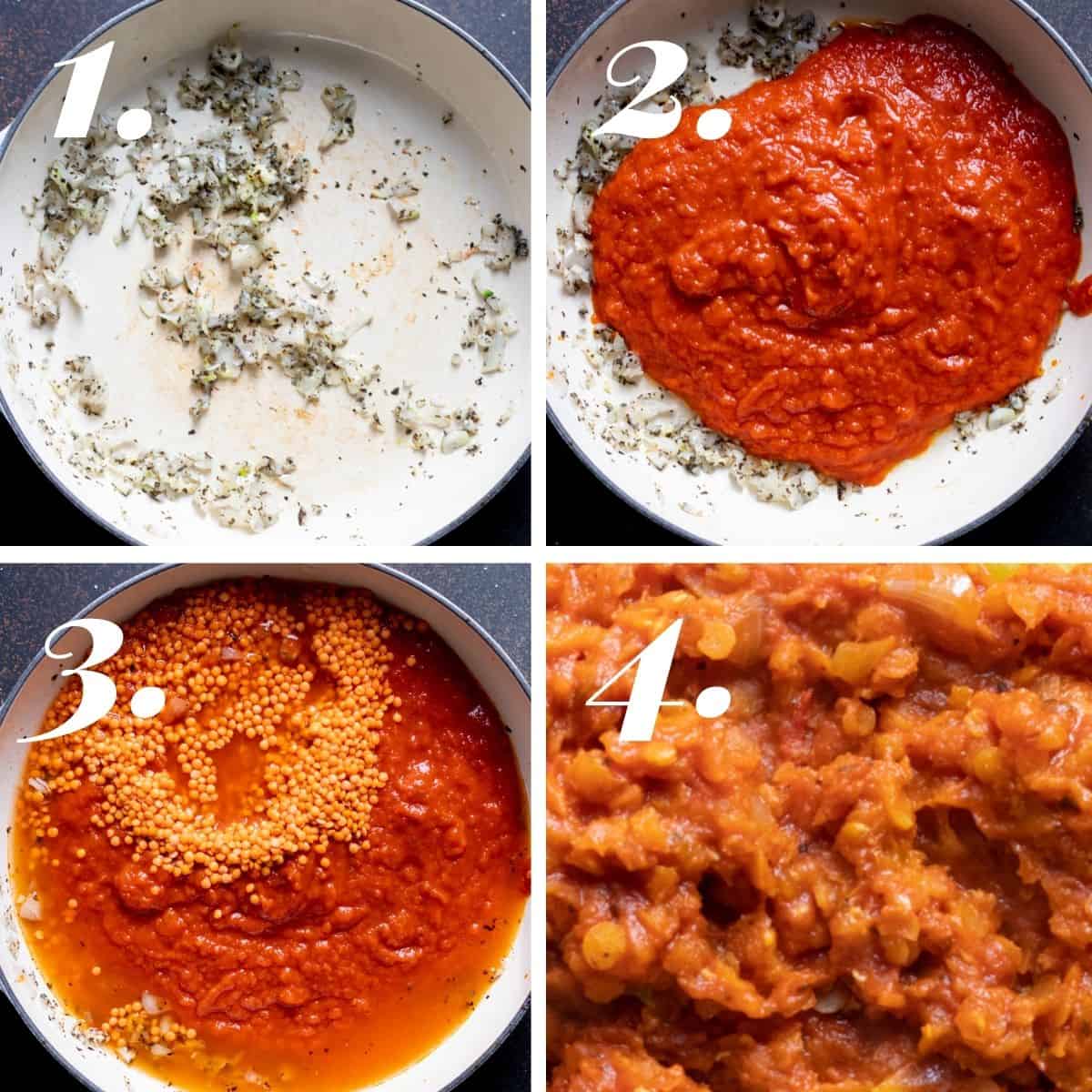 Steps on making the red lentil marinara sauce.