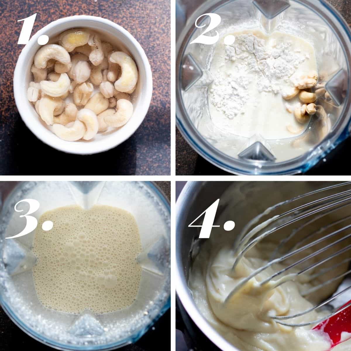 Steps for making the cashew vegan mozzarella from scratch.