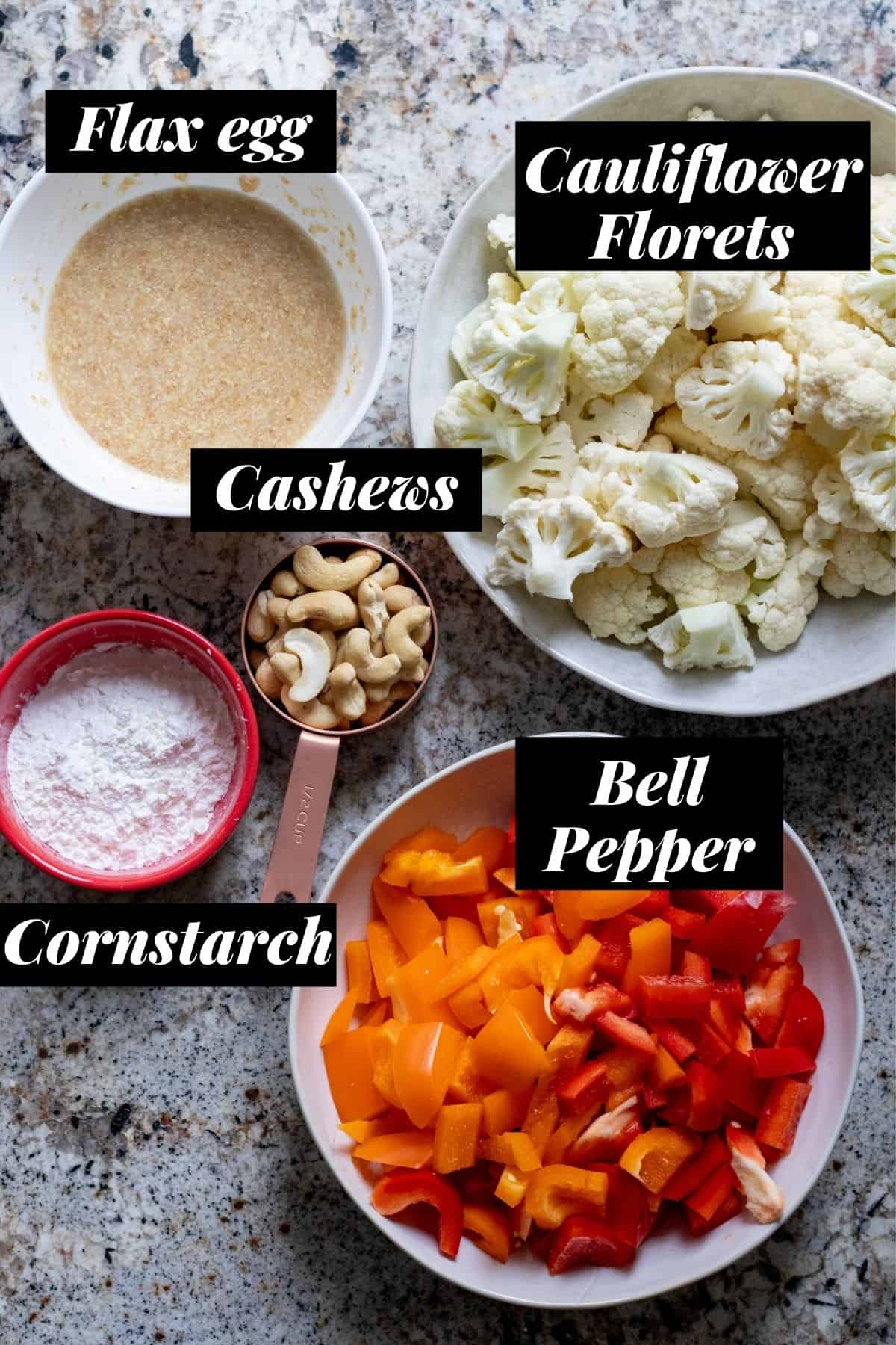 Base ingredients of recipe measured out into individual bowls.