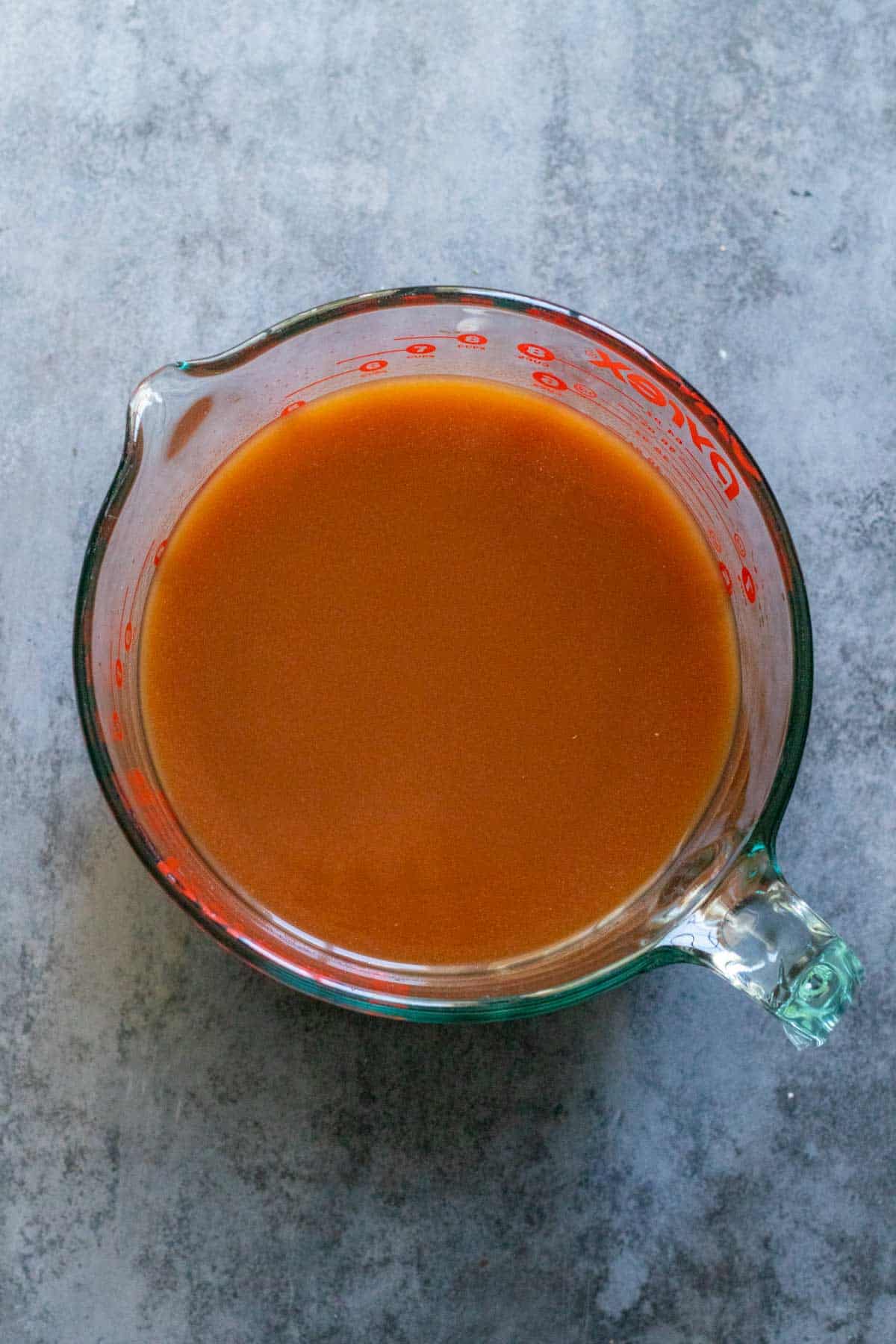 Tomato paste, Worcestershire and miso paste whisked into vegan beef broth.