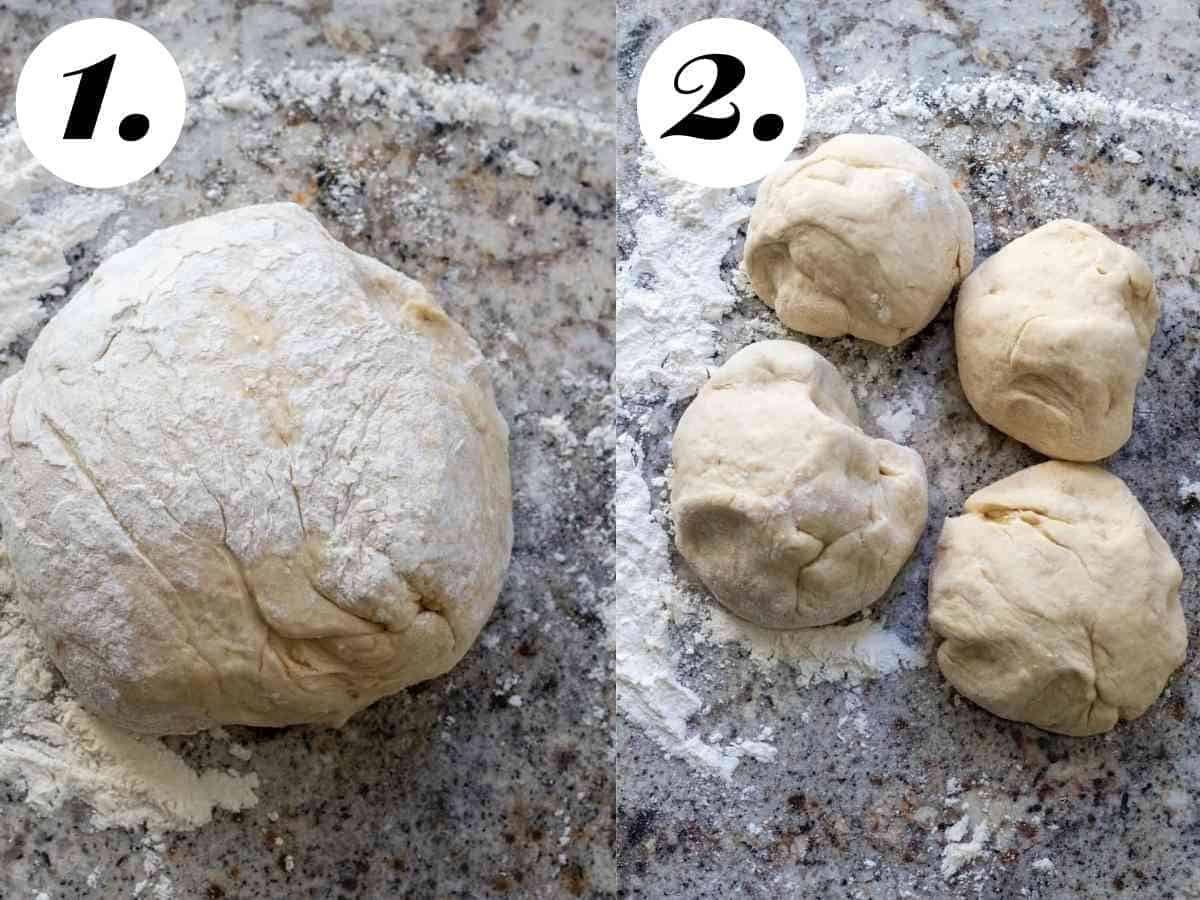 Dough ball lightly covered in flour, then cut into 4 smaller naan dough balls.