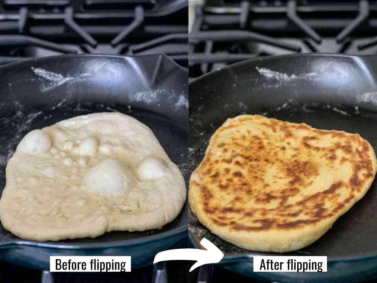 Flatbread in hot skillet before and after flipping.
