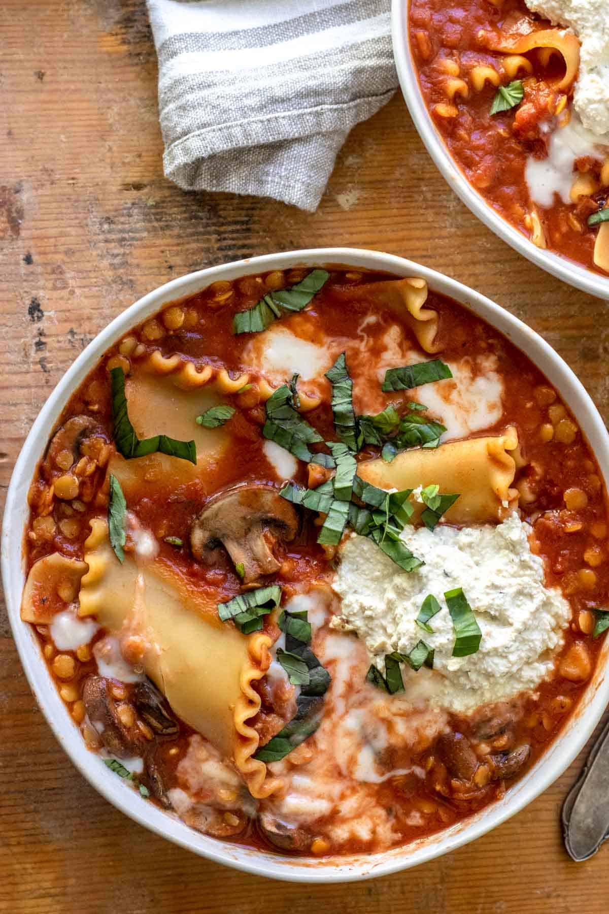 Closeup of bowl of lasagna soup.