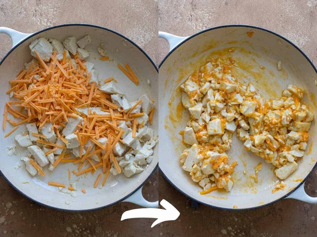 Before and after mixing vegan cheese shreds into tofu eggs.