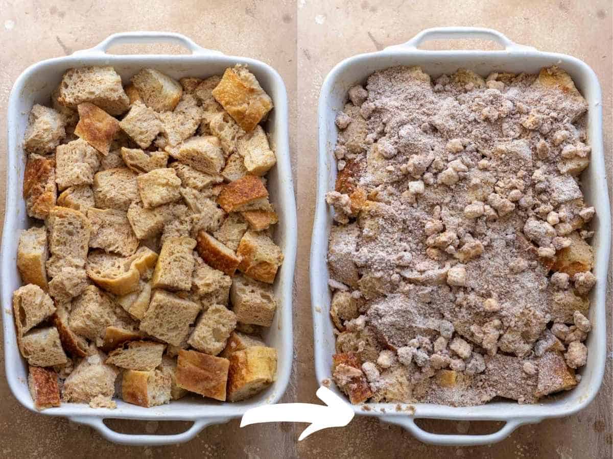 Two photos showing the crumb topping sprinkled over casserole after soaking overnight.