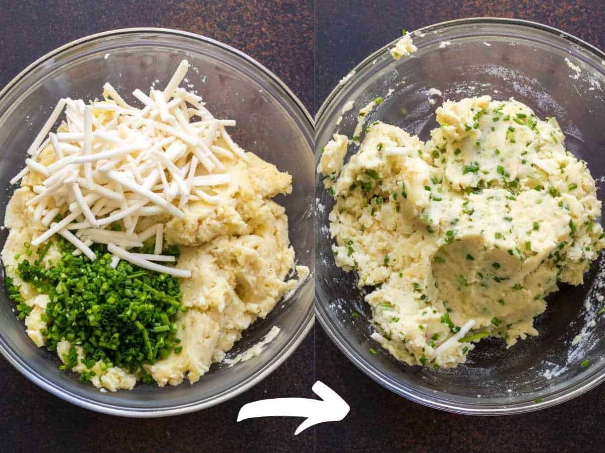 Two photos showing chives and vegan cheese added to mashed potatoes, then mixed together.