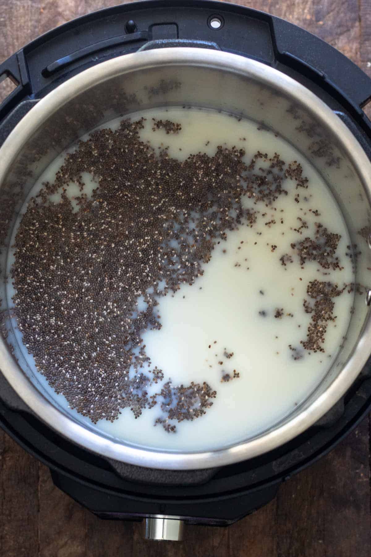Chia seeds added to milk in the Instant Pot.