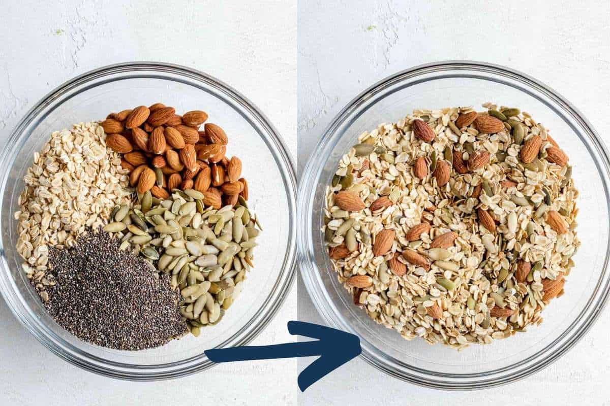 Two photos showing dry ingredients added to a bowl and then mixed together.