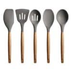 Set of 5 wood and silicone cooking utensils.
