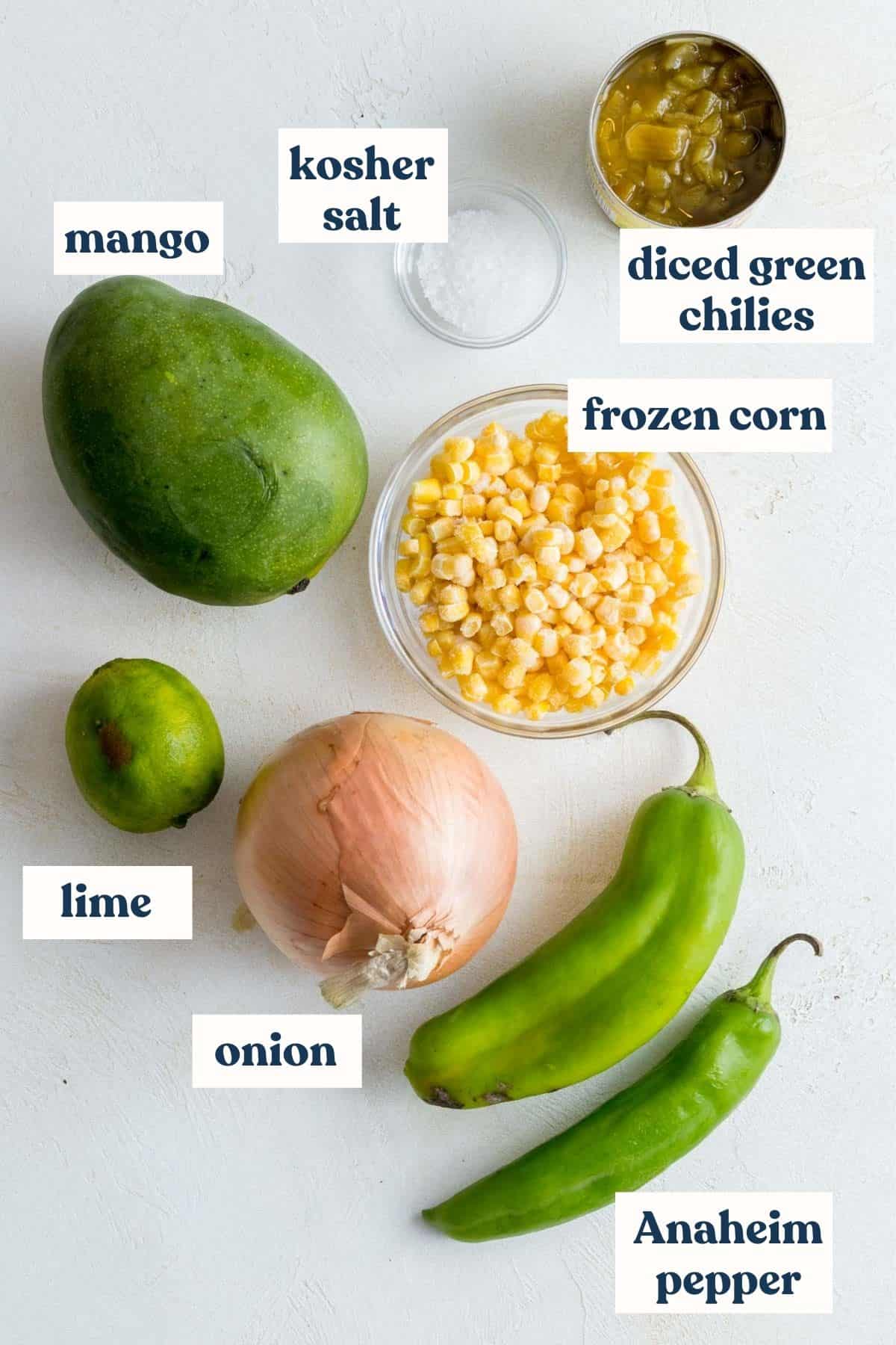 Recipe ingredients laid out and labeled on white background.