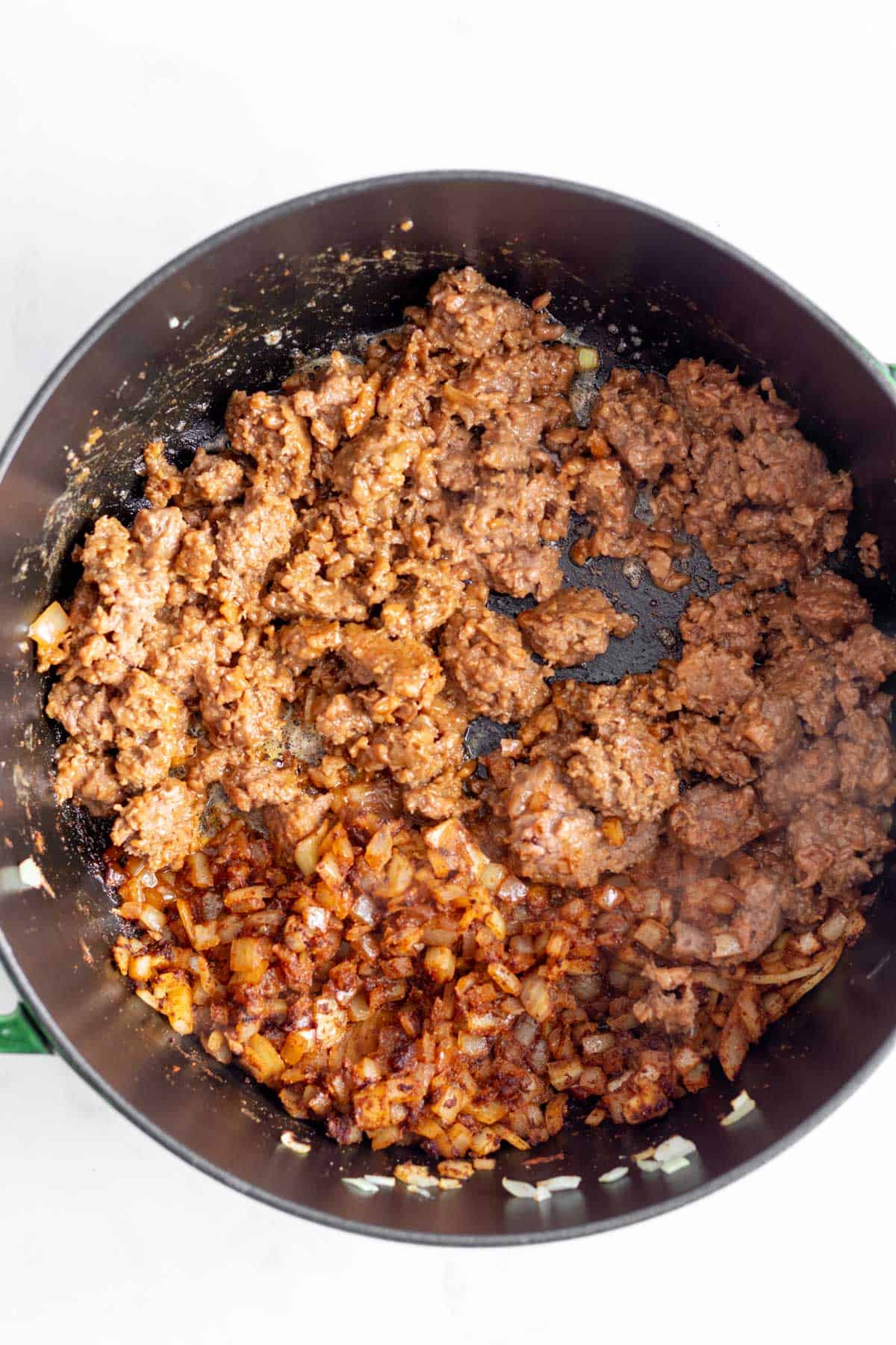 Vegan ground beef after browning for 8 minutes.