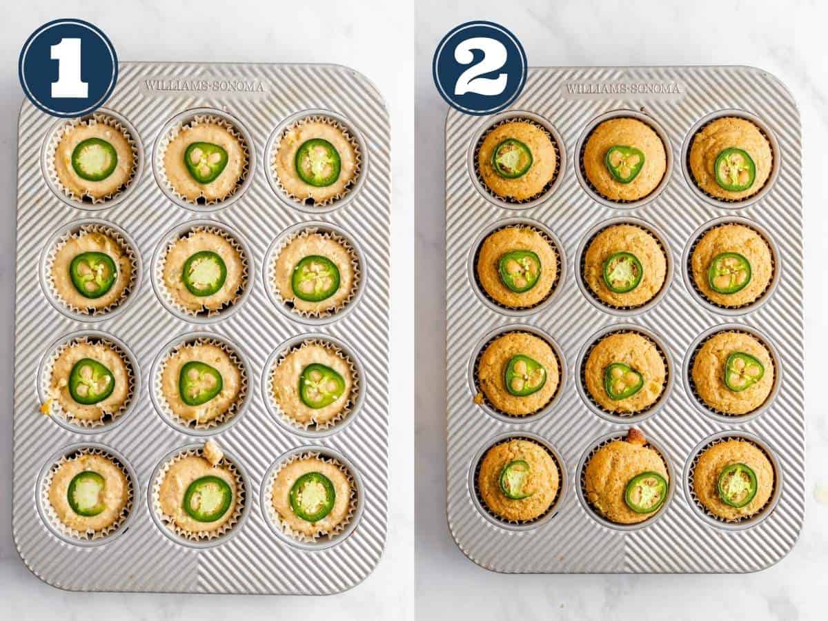 Cornbread muffins before and after baking.