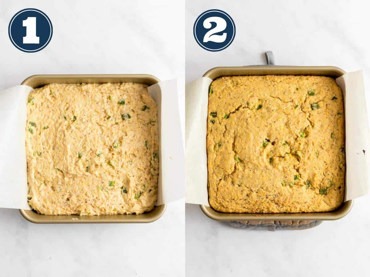 Cornbread before and after baking.