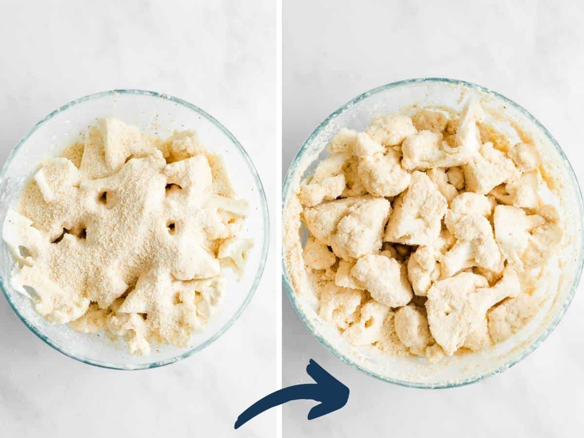 Before and after coating cauliflower in breadcrumbs.