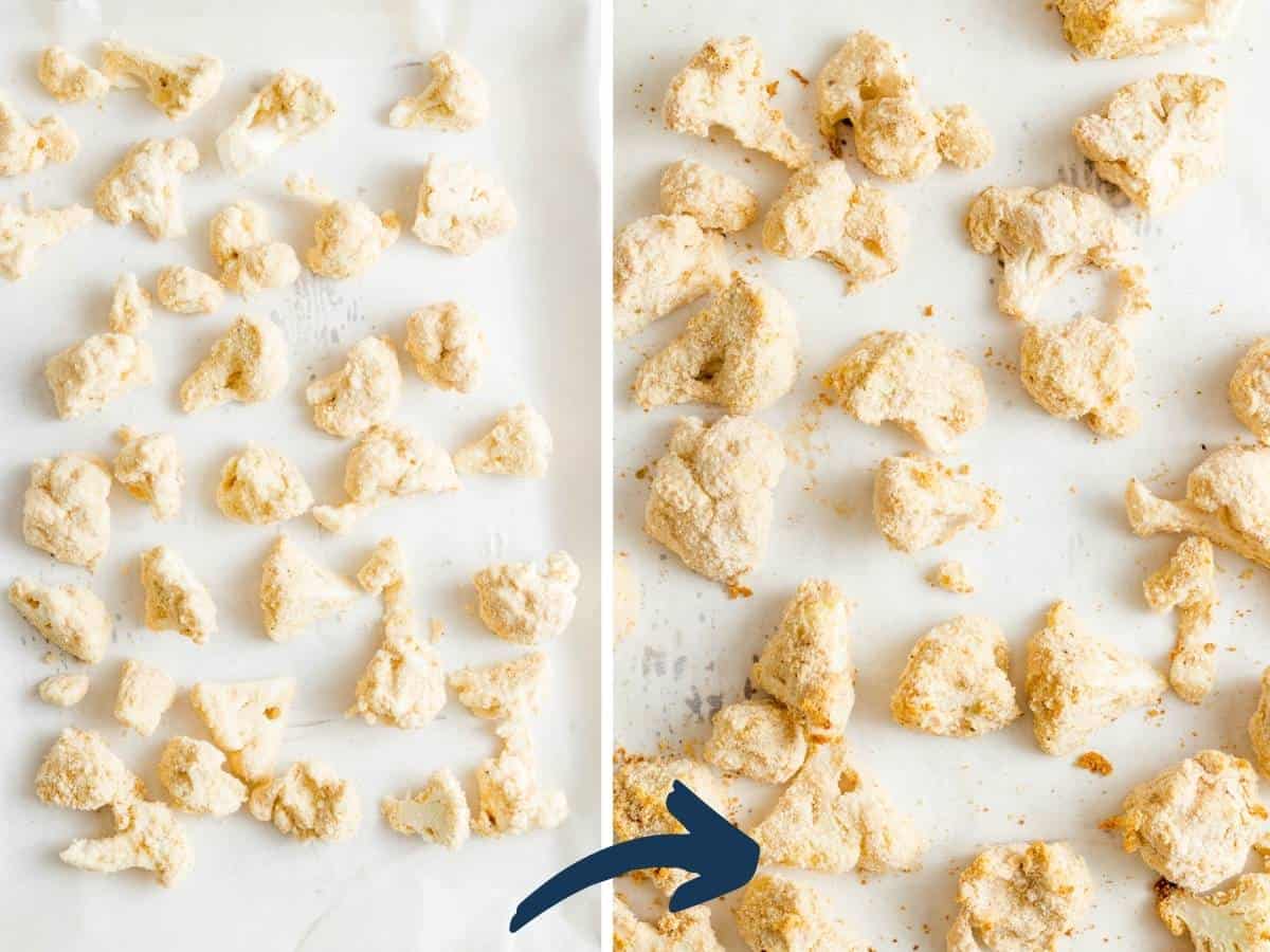 Before and after baking cauliflower in breading mixture.