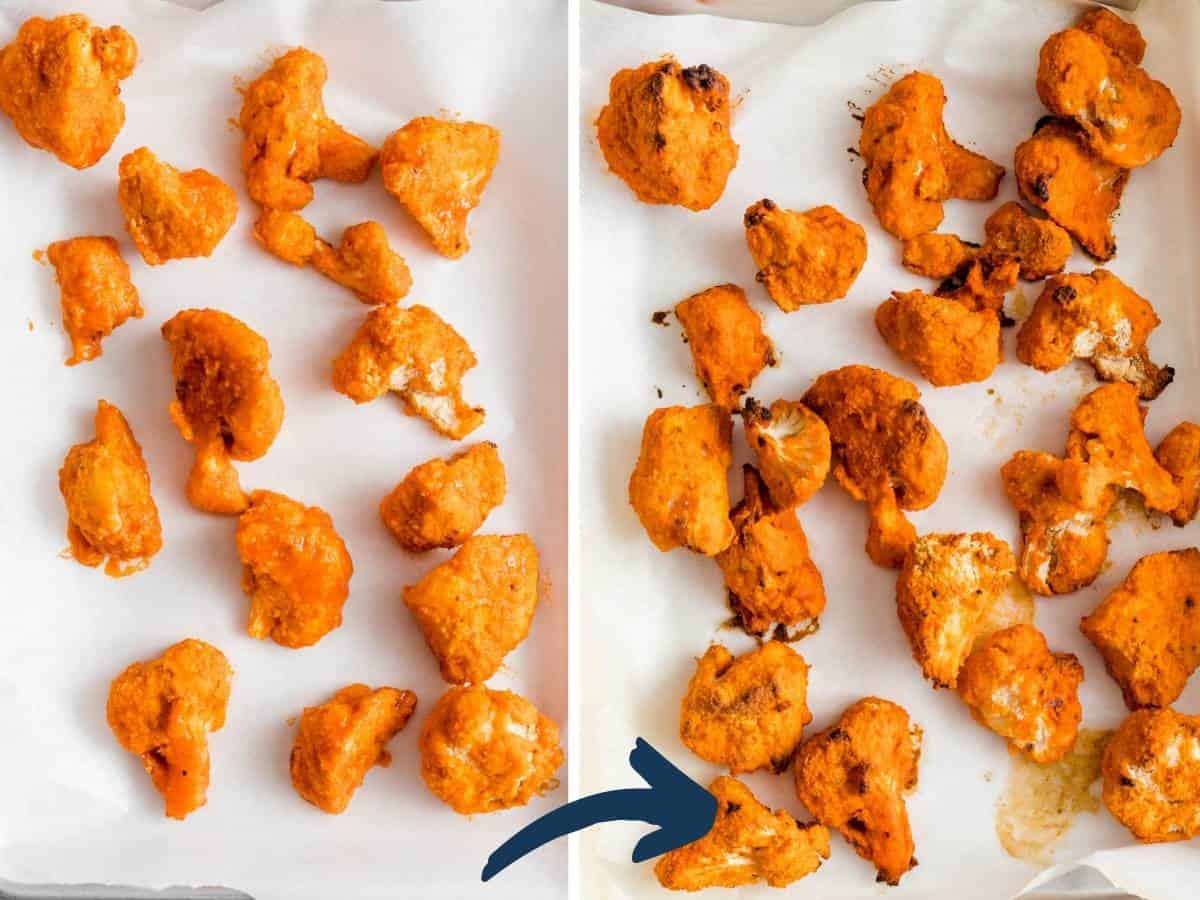 Before and after baking crispy cauliflower coated in buffalo butter sauce.
