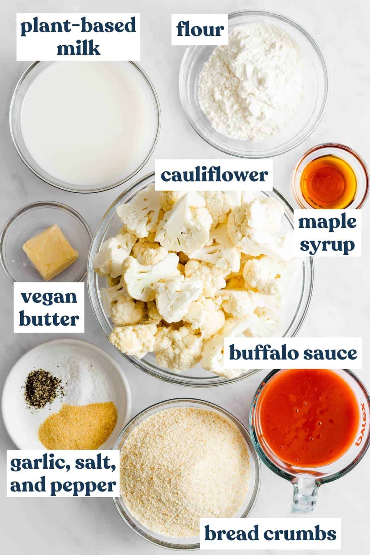 Ingredients needed for cauliflower buffalo bites measured and labeled.