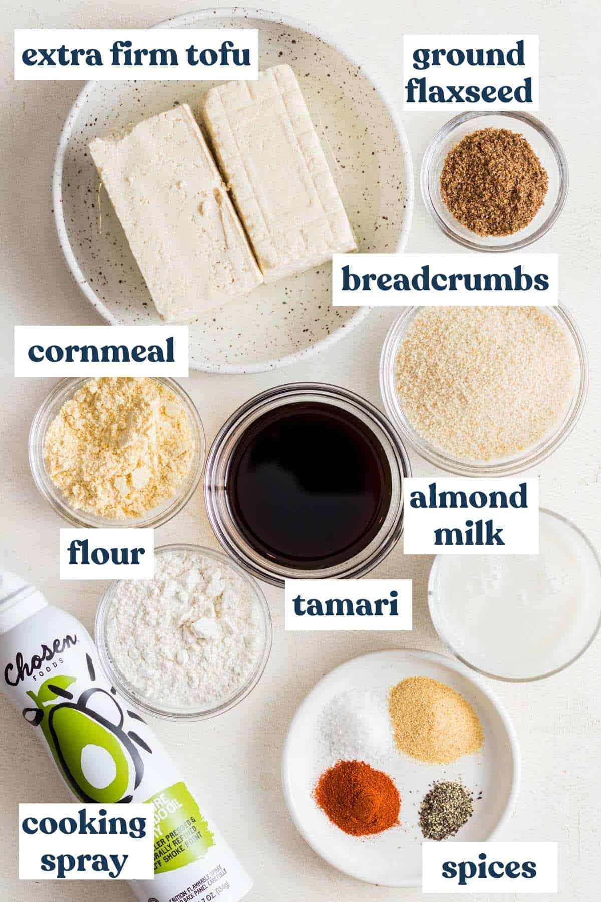 Ingredients needed to make homemade tofu nuggets.