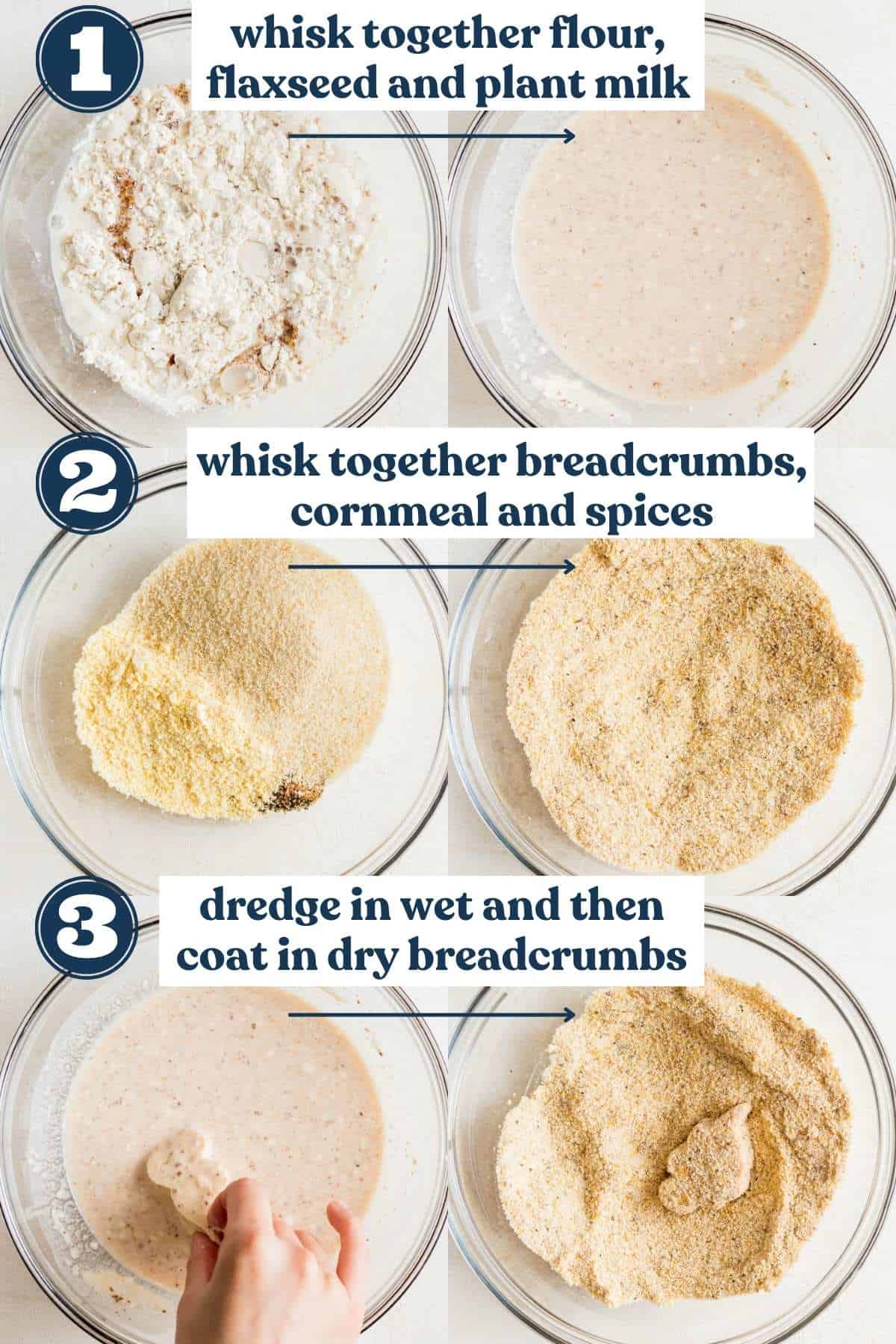 Step by step process for breading tofu nuggets.