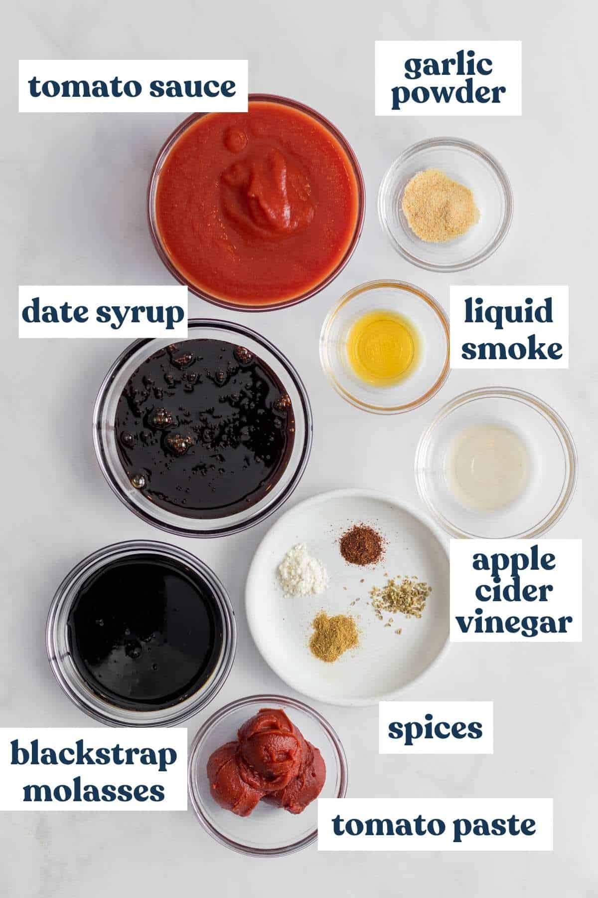 Ingredients needed for BBQ sauce measured and labeled.