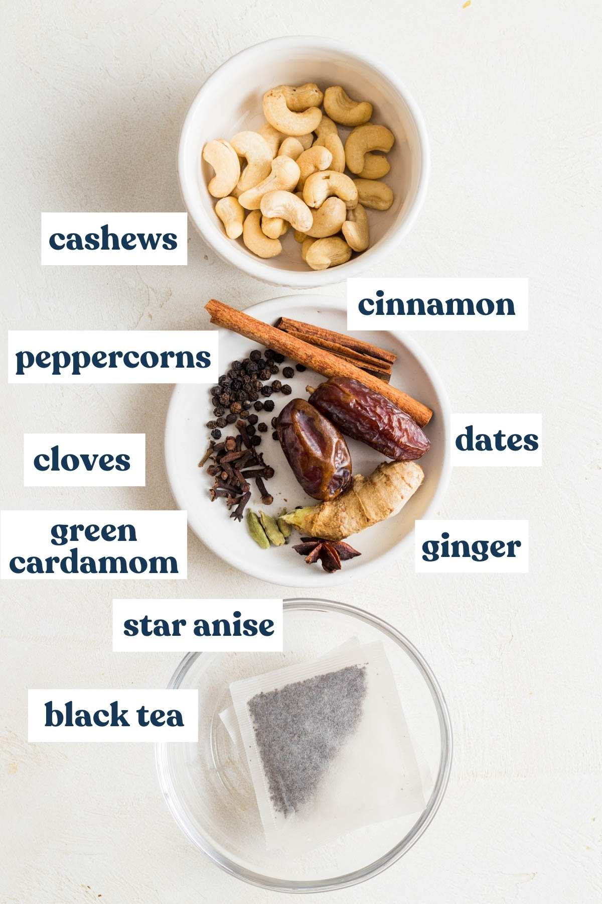 Ingredients needed for a vegan chai latte.