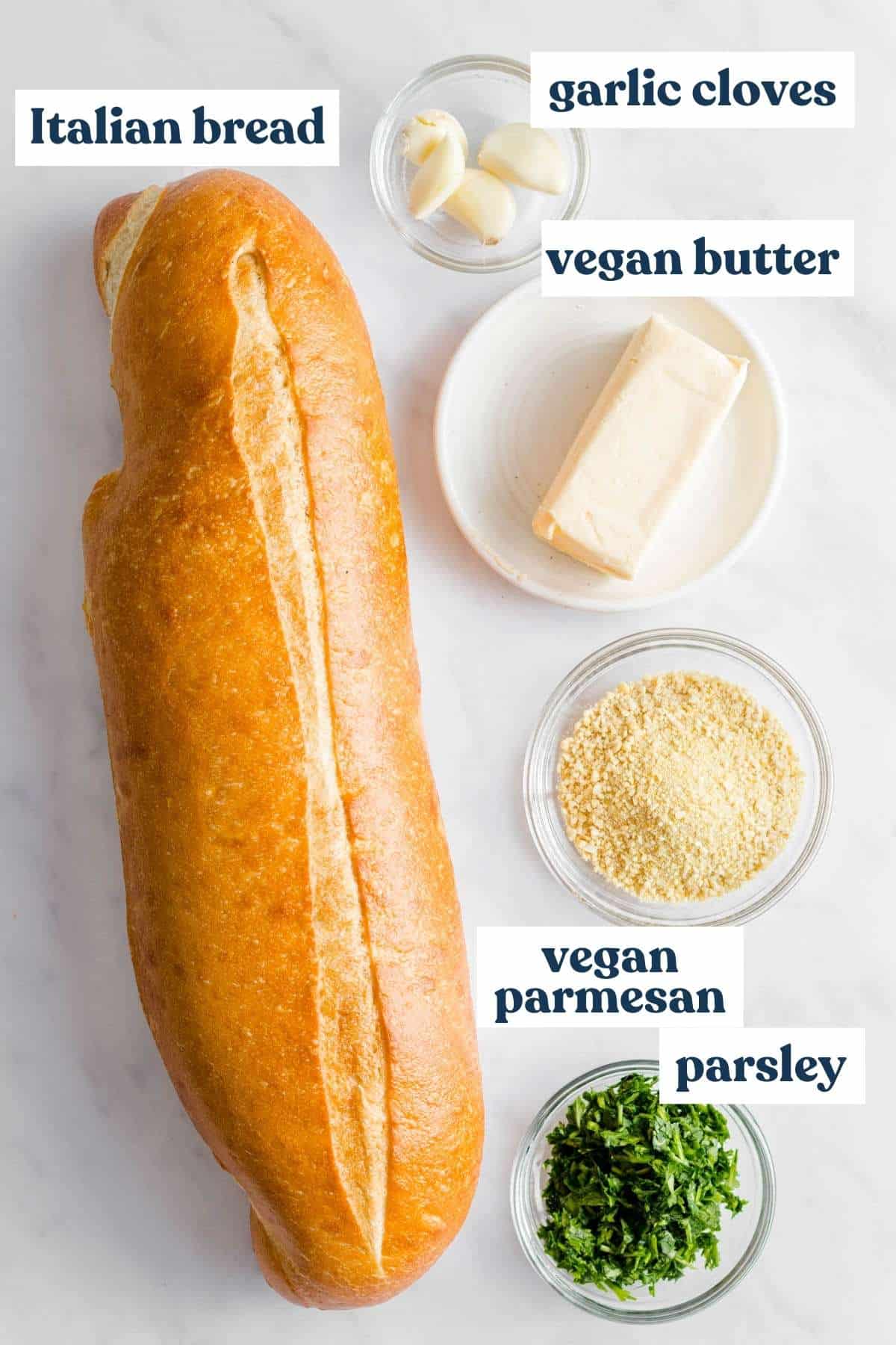 Ingredients needed for vegan garlic bread measured and labeled.