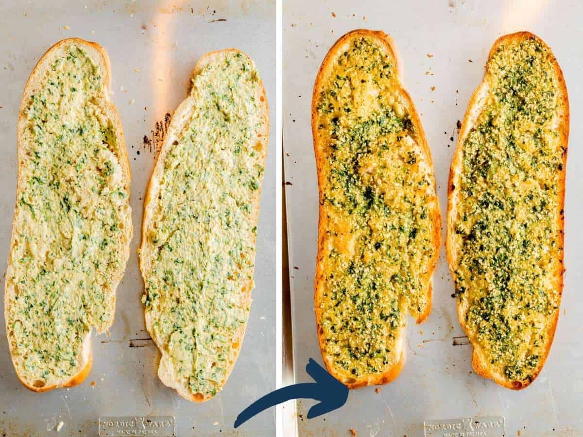 Before and after baking garlic bread.