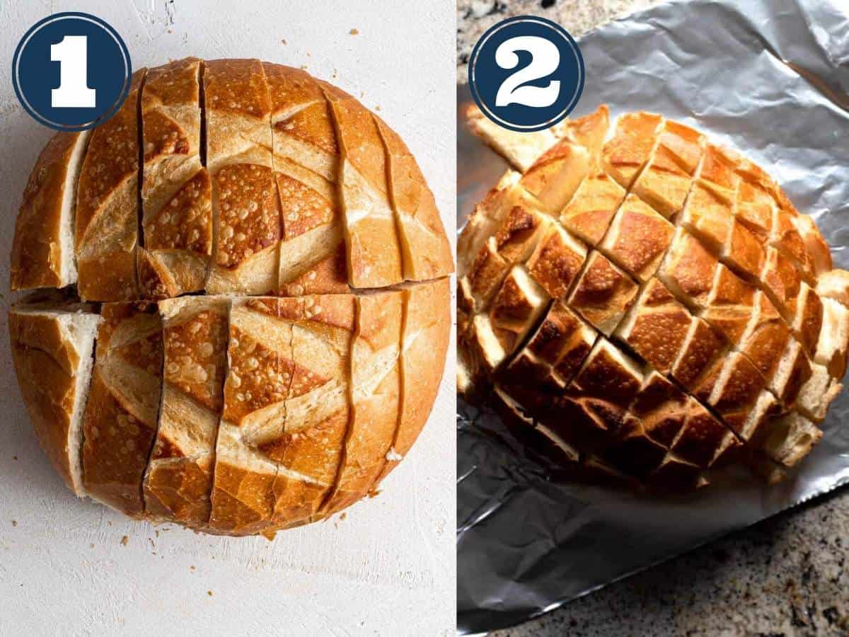 Two photos side by side showing the different ways you can slice the bread.