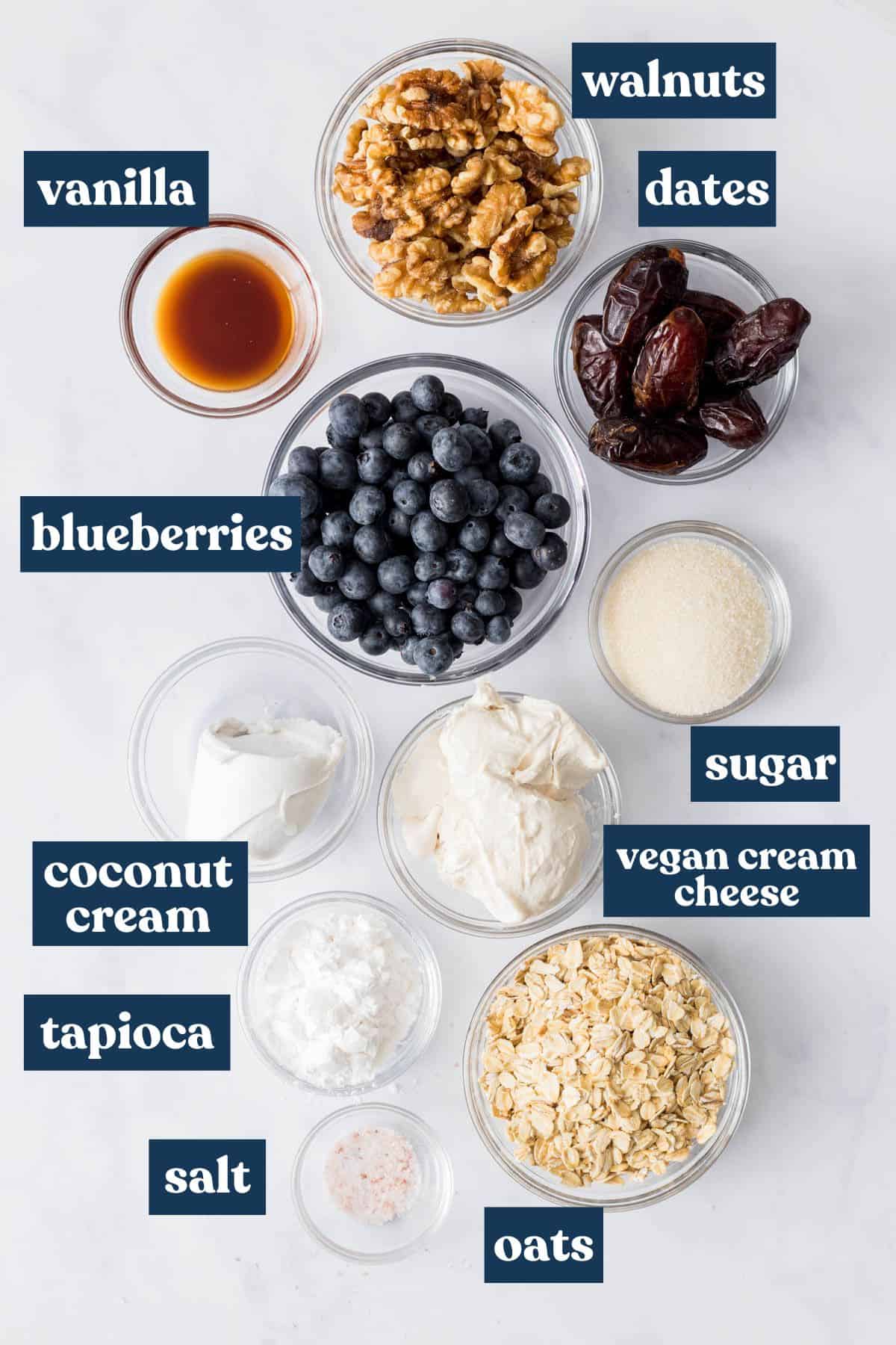 Ingredients needed to make vegan blueberry cheesecake measured and labeled.