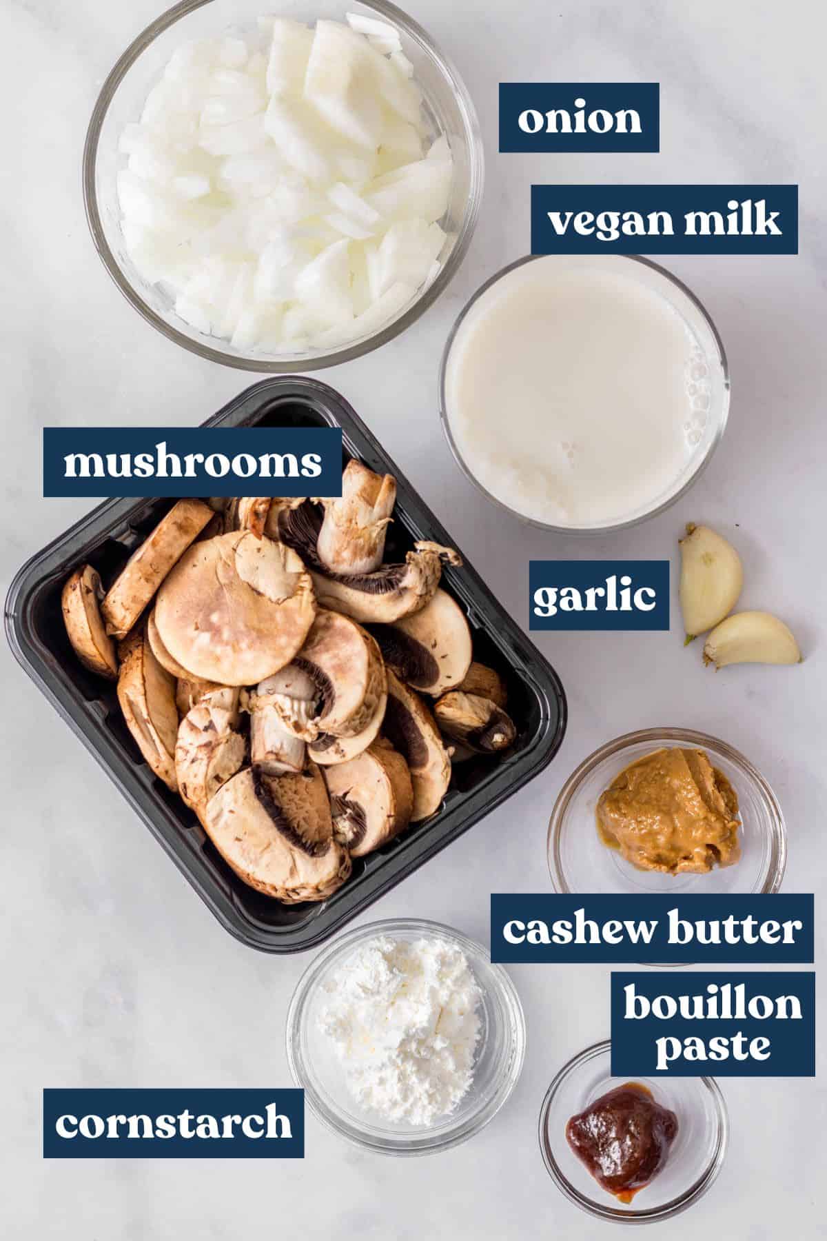 Ingredients needed to make condensed mushroom soup measured and labeled.