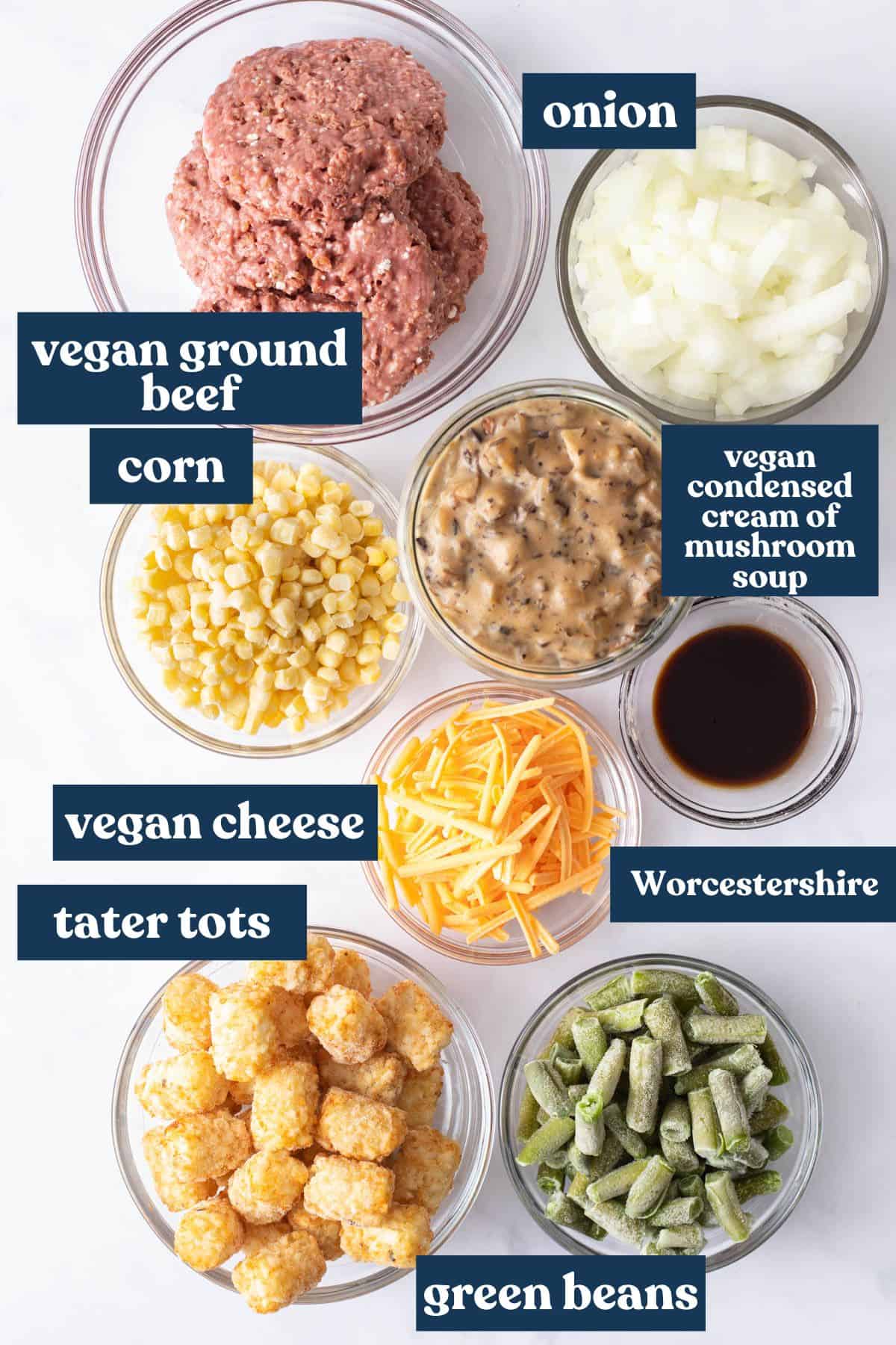 Ingredients for vegan tater tot casserole measured and labeled with text overlay graphics.