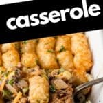 Casserole with graphic overlay and text.