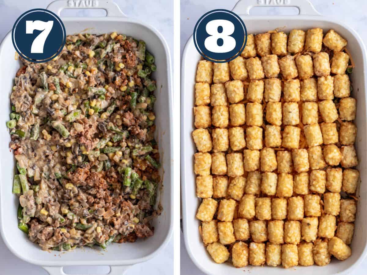 Two photos side by side showing casserole mixed together then topped with frozen tater tots.