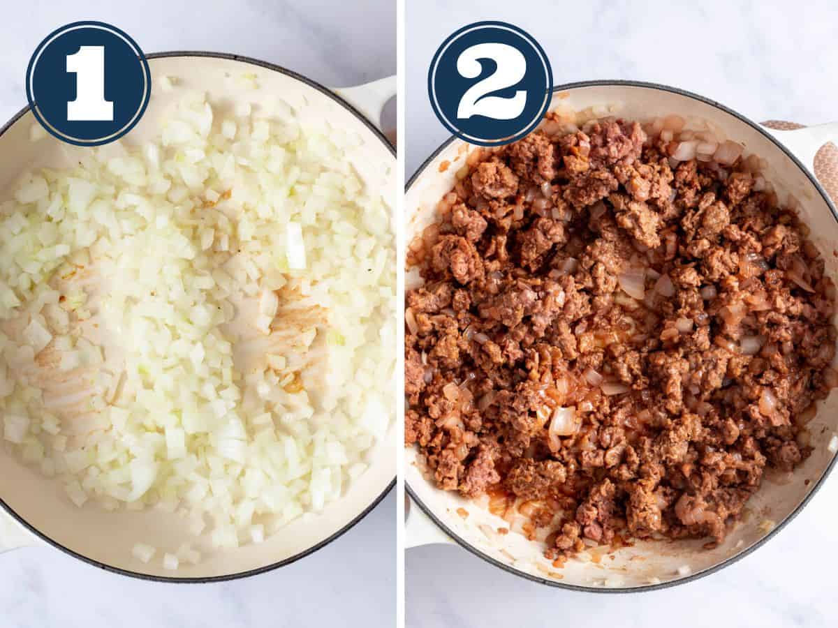 Two photos side by side showing sauteed onions then sauteed onions with vegan ground beef.