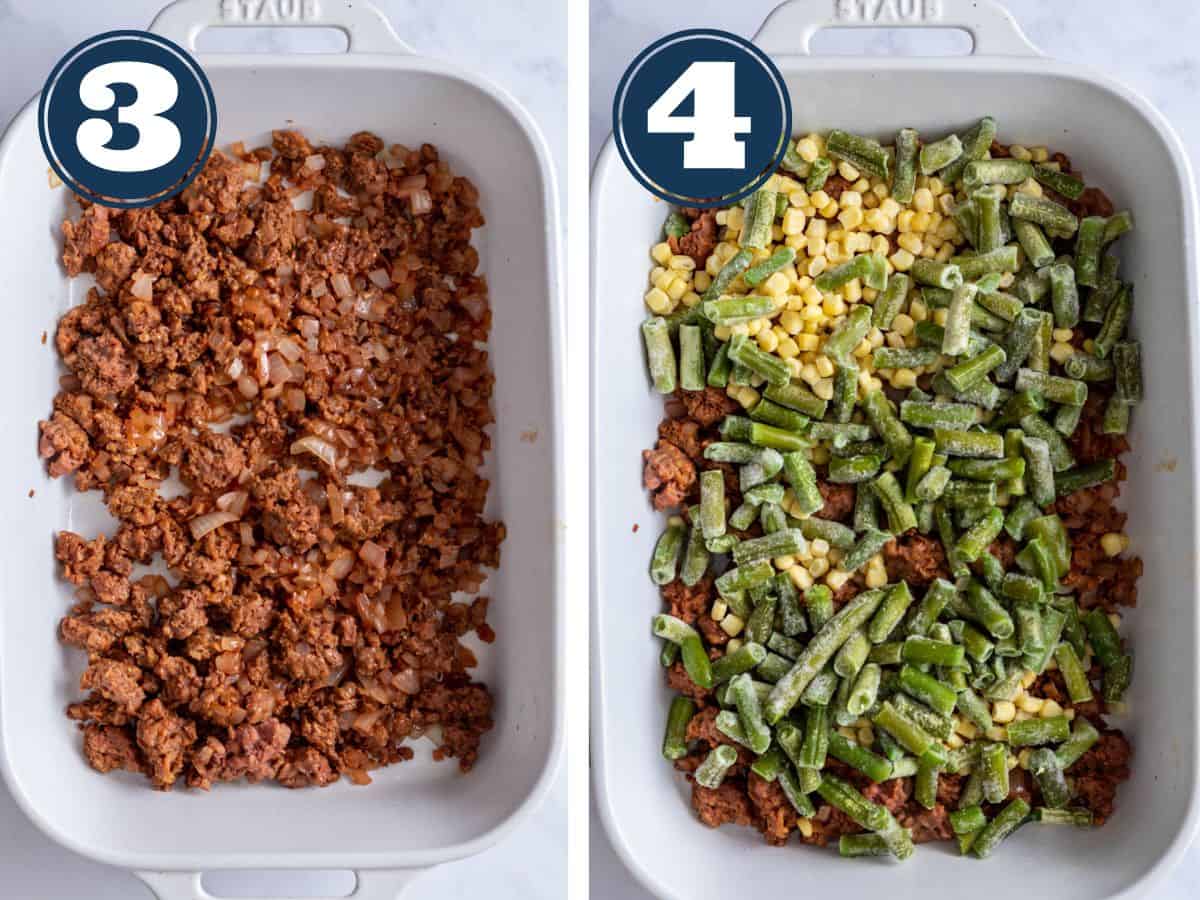 Two side by side photos showing how to layer casserole in the dish.