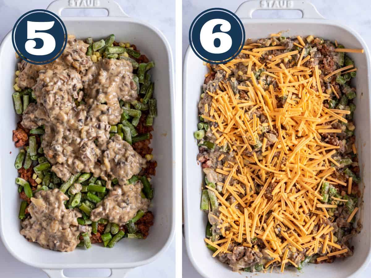 Two photos side by side showing how to layer potato casserole in dish.