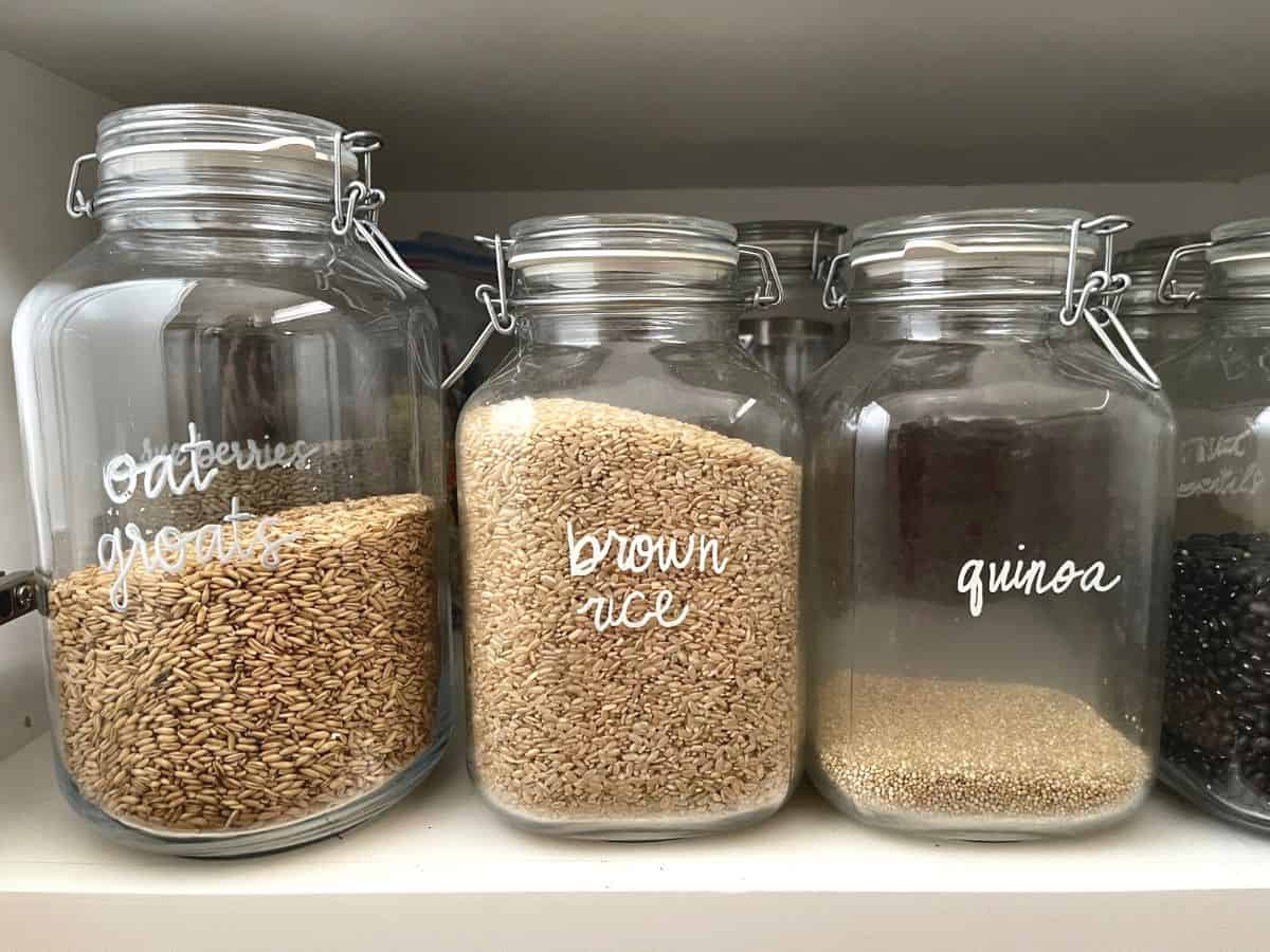 Grains in large glass jars.