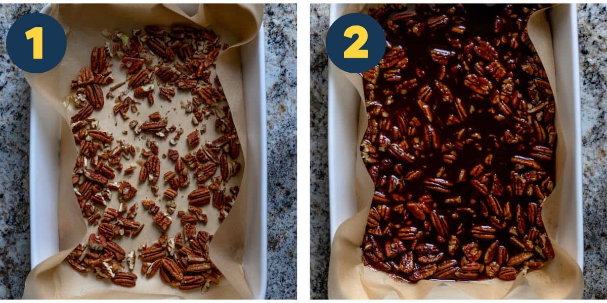 Two photos showing how to make the sticky pecan glaze topping.