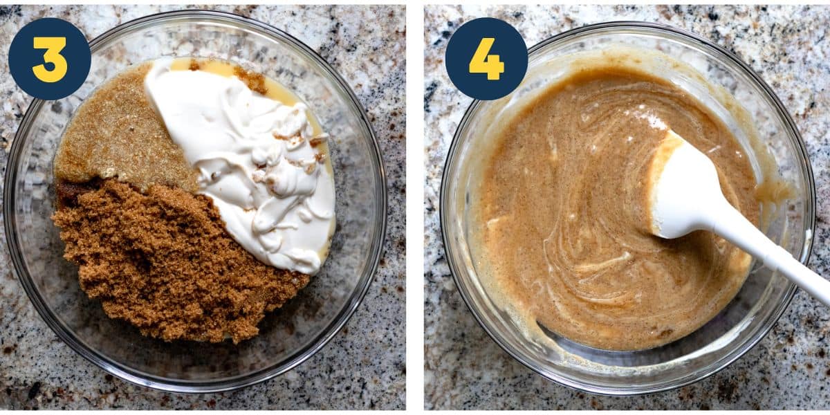 Two photos side by side showing the wet ingredients mixed together in a glass bowl with a white spatula.