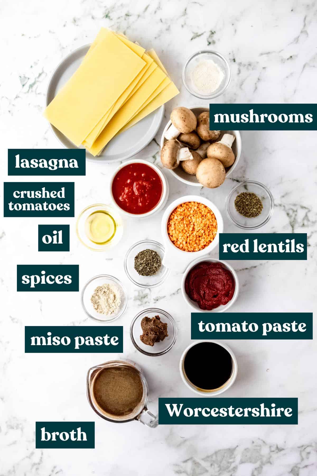 Ingredients needed to make lasagna soup.