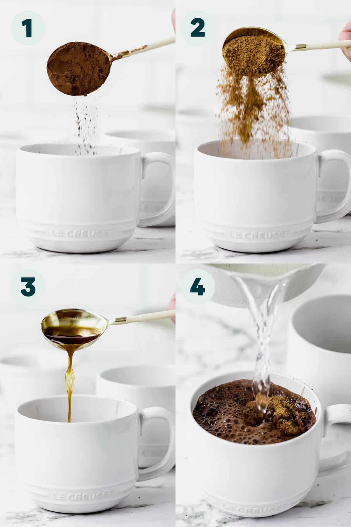 4 step by step photos showing how to make a mug of hot chocolate with cocoa powder step by step.