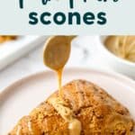 Drizzling pumpkin scone with homemade icing and overlay text that says vegan pumpkin scones.