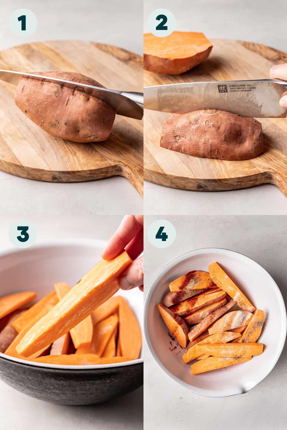 Cutting sweet potatoes into wedges.