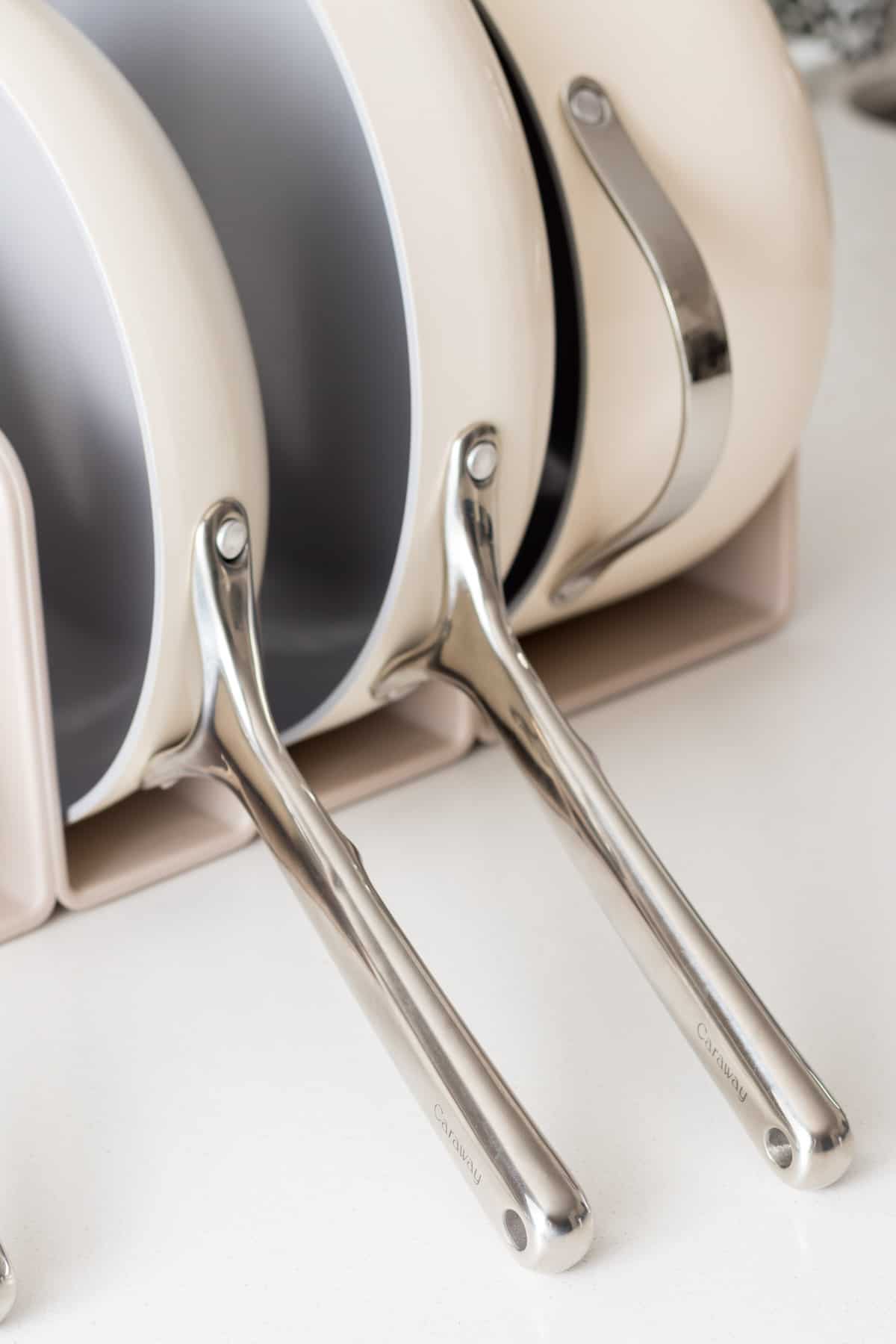Closeup of cookware on counter.