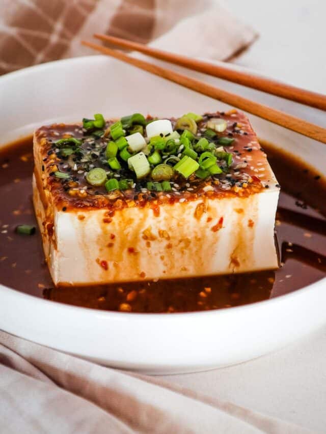 Block of tofu covered in sauce and garnished with green onion.