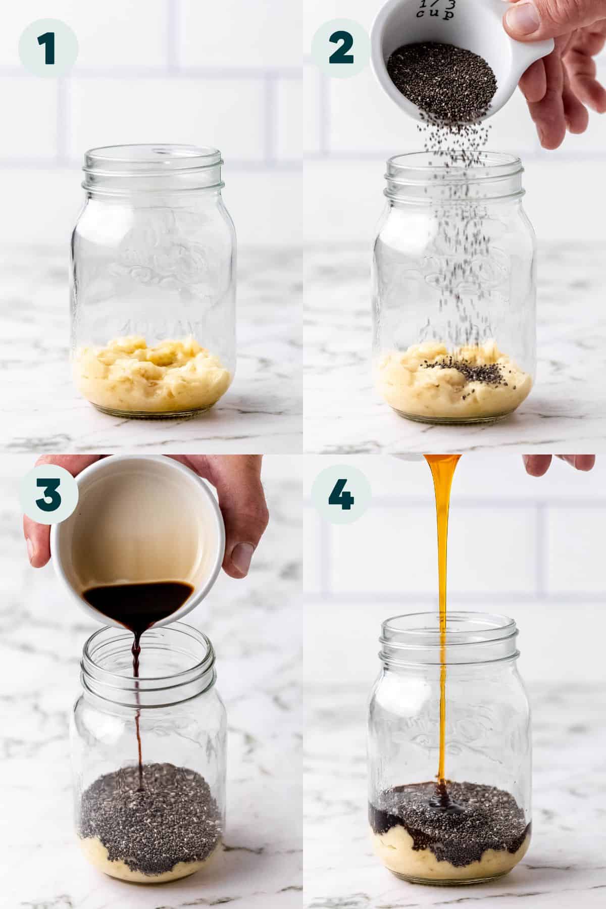 Step by step photos showing adding banana pudding ingredients to the jar.